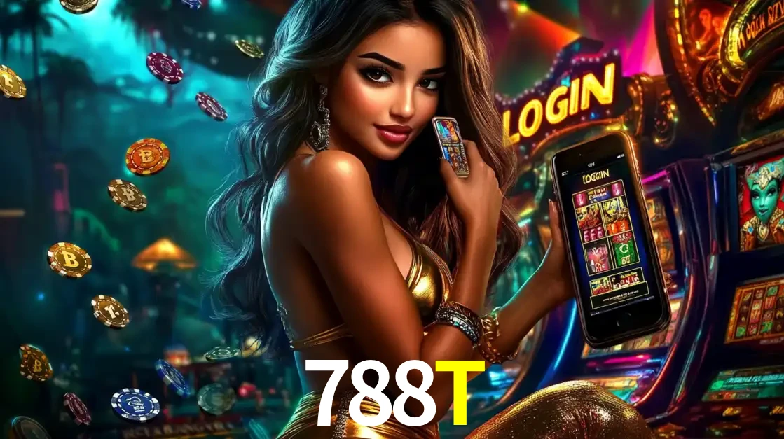 Mulher em um cenário de cassino temático de aventura, mostrando o app de caça-níqueis da 788T no celular. Fichas de apostas flutuam ao redor.