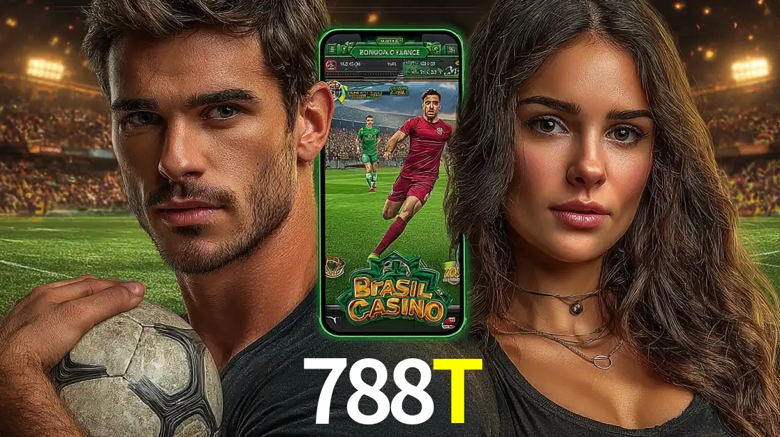Homem segurando uma bola de futebol e uma mulher ao lado de um smartphone exibindo o jogo de apostas esportivas da 788T. Faça seu palpite no cassino online.